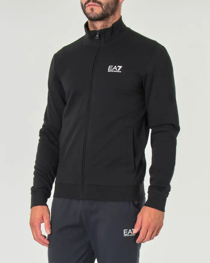 Felpa EA7 nera con chiusura zip e logo piccolo stampato