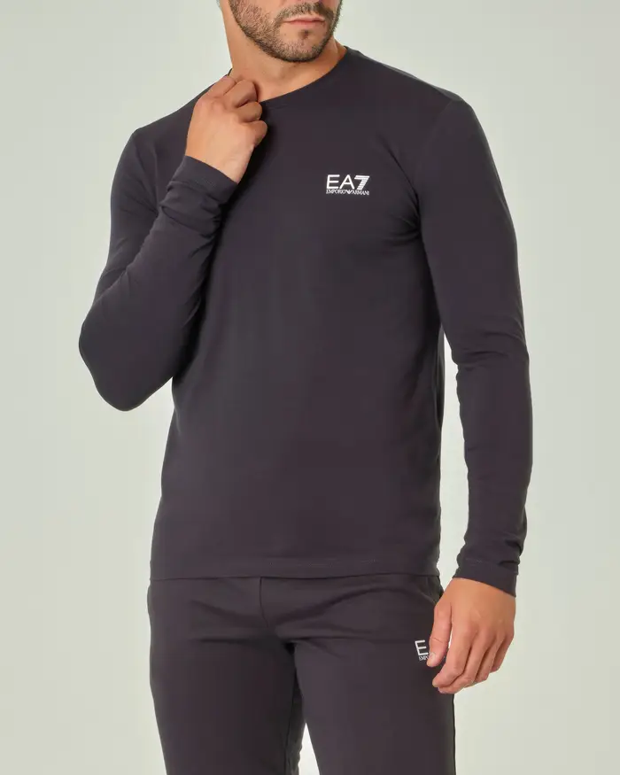 T-shirt blu manica lunga in cotone stretch con logo bianco sul petto