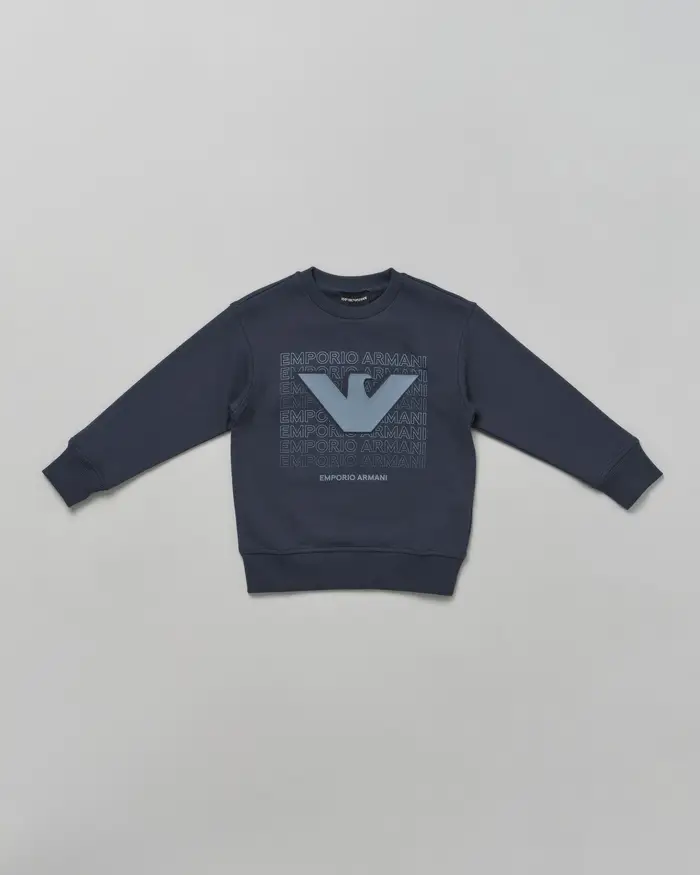 Felpa Emporio Armani blu in cotone con stampa scritta logo aquila avio