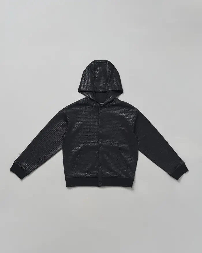 Giacca Emporio Armani blu in misto cotone stretch logata all-over