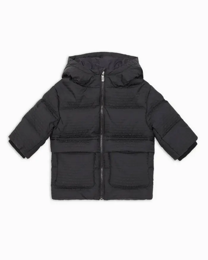 Giaccone Emporio Armani blu in nylon imbottito con cappuccio e logo all-over