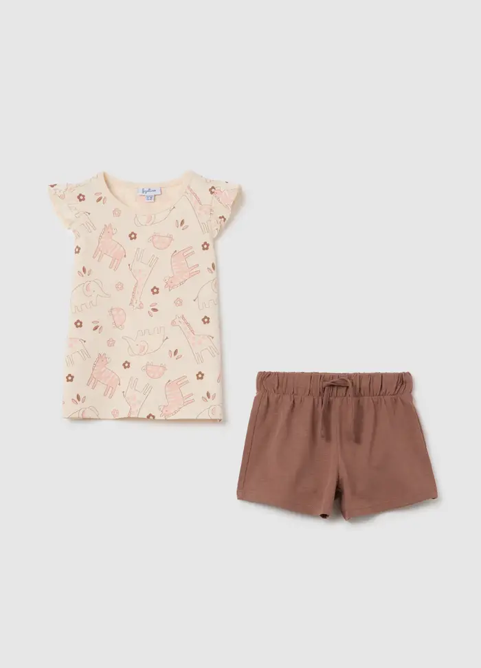 Completo Estivo Da Bambina In Puro Cotone Beige Regular Fit Con Stampa, Beige