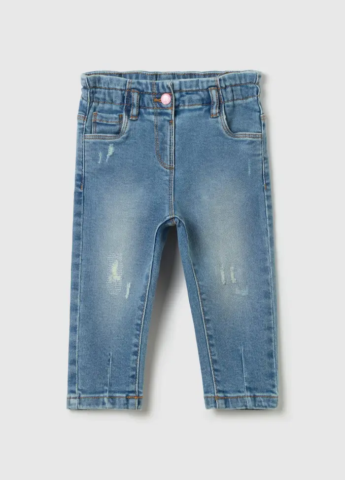 Jeans Baggy Fit Cinque Tasche Con Abrasioni, Bambina, Denim