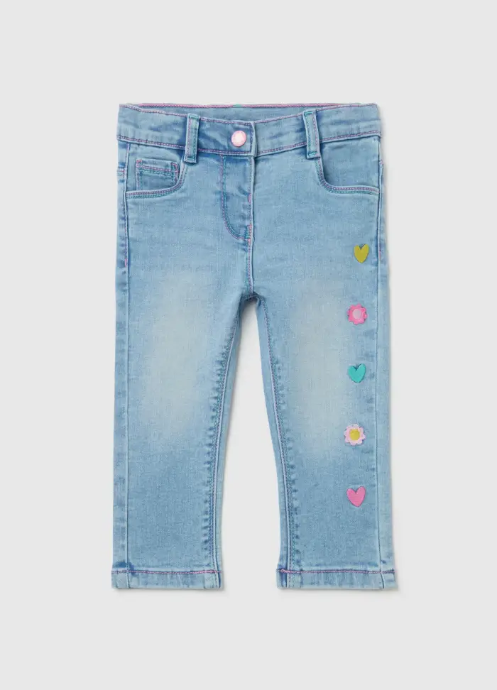 Jeans Cinque Tasche Ricamo Cuori E Fiori, Bambina, Denim