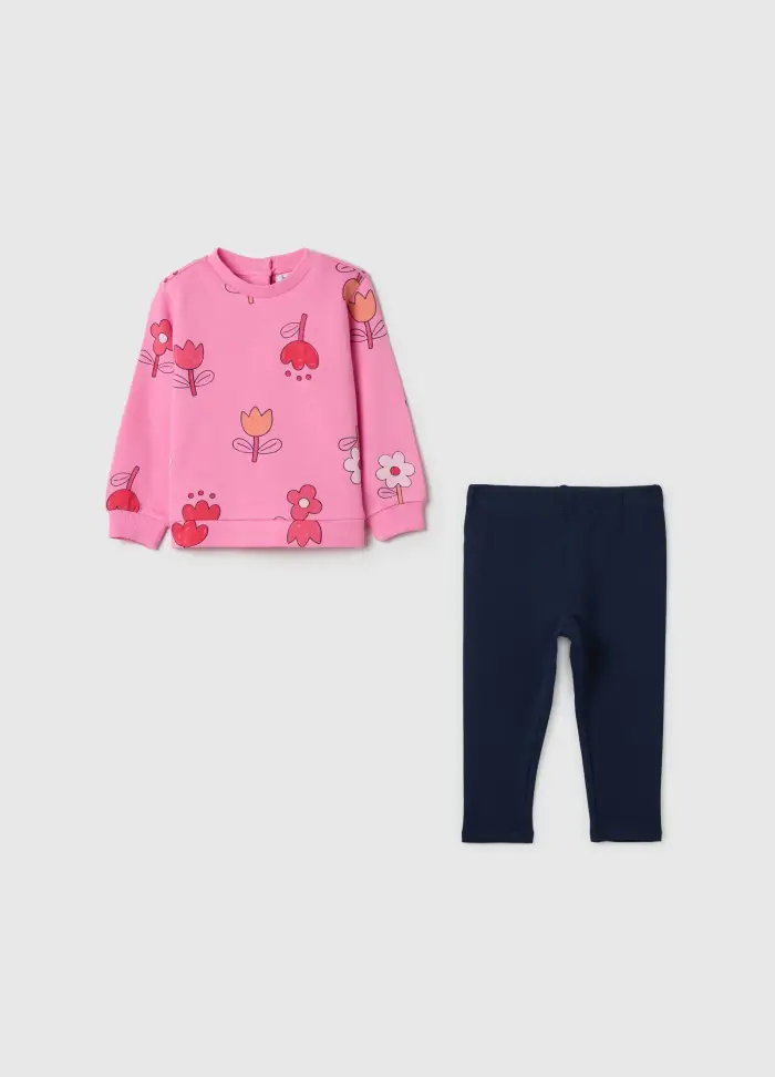 Jogging Set In Cotone Con Stampa Fiori, Bambina, Multicolor