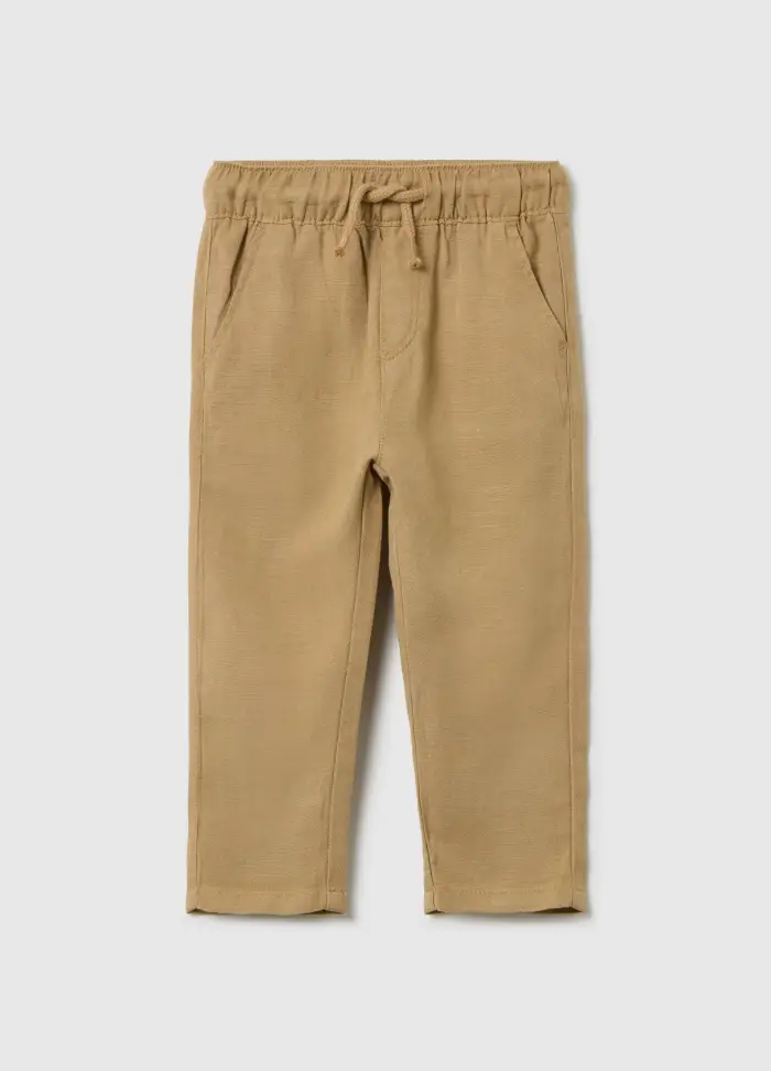Pantalone Beige In Lino E Viscosa Con Coulisse, Bambino, Beige