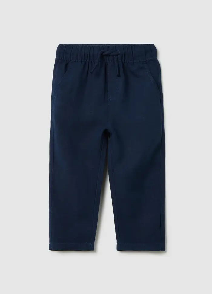Pantalone Blu In Lino E Viscosa Con Coulisse, Bambino, Blu