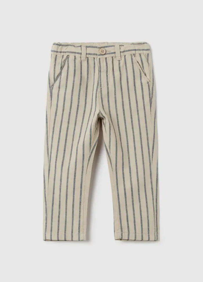 Pantaloni A Righe In Lino E Cotone, Bambino, Beige