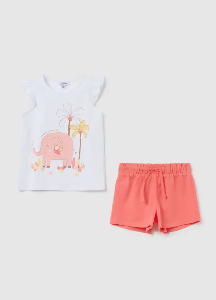 Set Estivo Da Bambina In Puro Cotone Bianco Regular Fit, Bianco