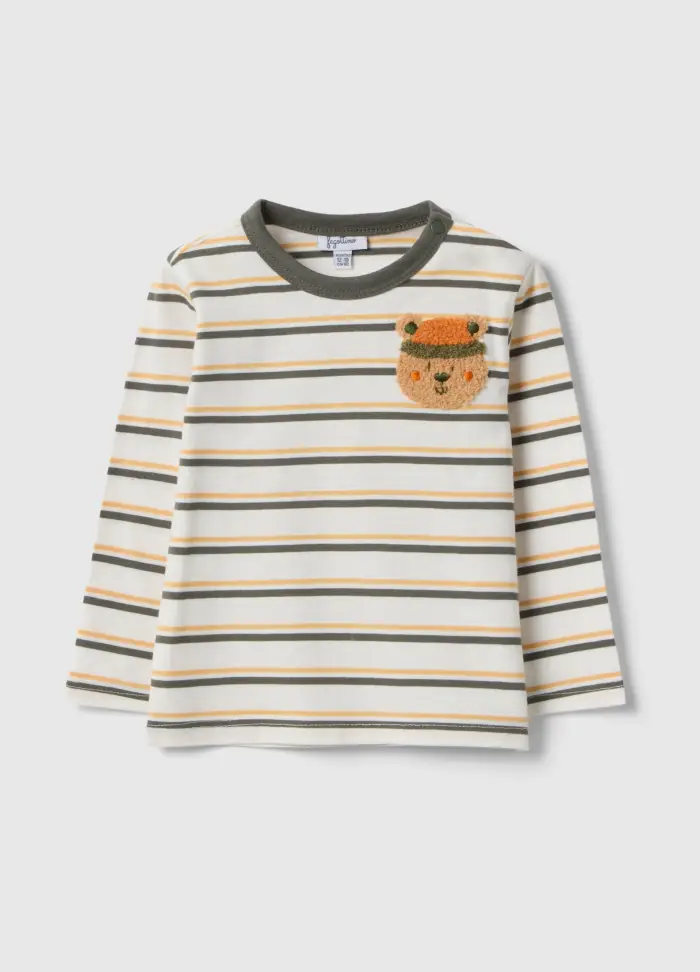 T-shirt Bianca A Righe Multicolor In Puro Cotone Da Bimbo Con Ricamo Orsetto, Bambino, Bianco