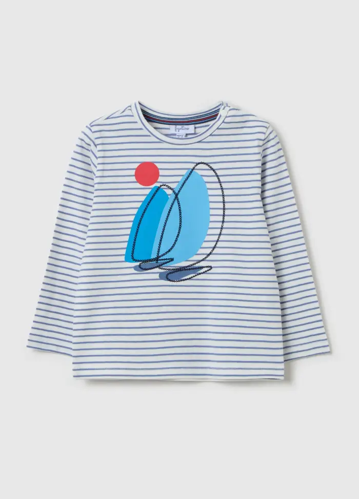 T-shirt In Cotone A Righe Stampa Barche A Vela, Bambino, Multicolor