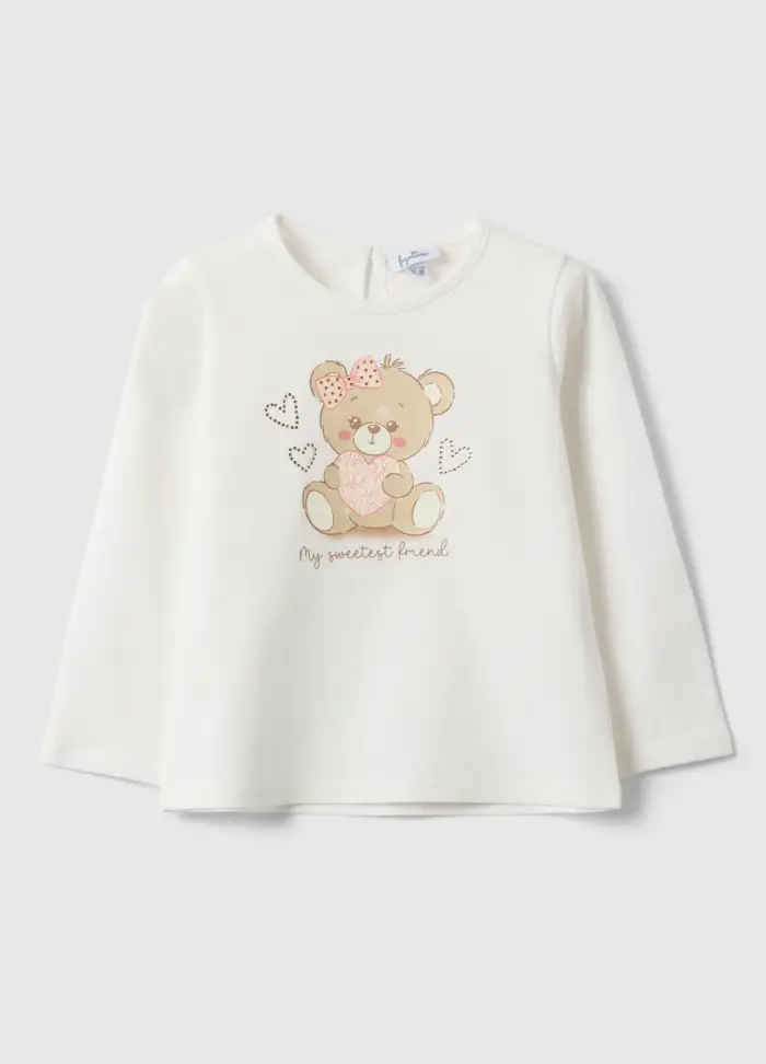 T-shirt In Puro Cotone Bianco Da Bimba Regular Fit Con Orsetto, Bambina, Bianco