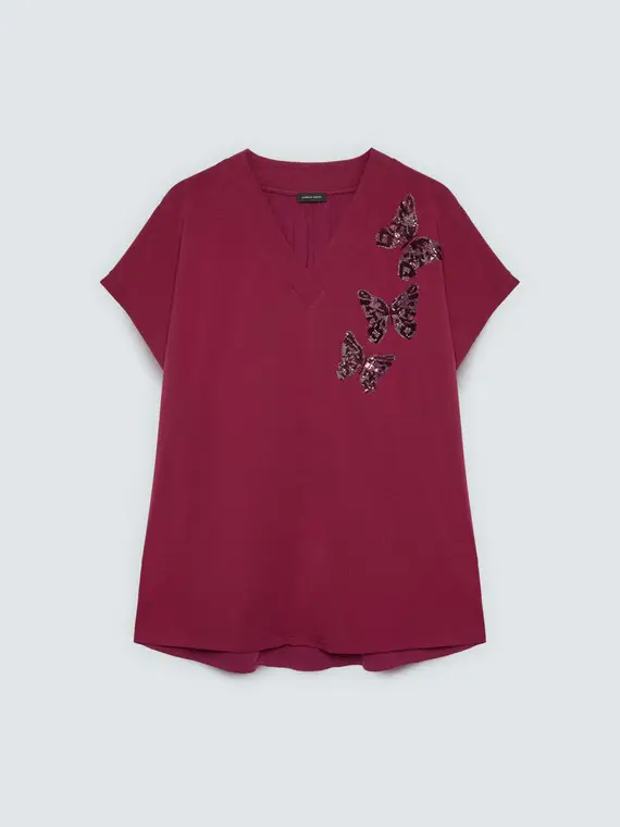 Fiorella Rubino T-shirt bimaterica con farfalle in paillettes Donna, Bordeaux (44-46 IT)