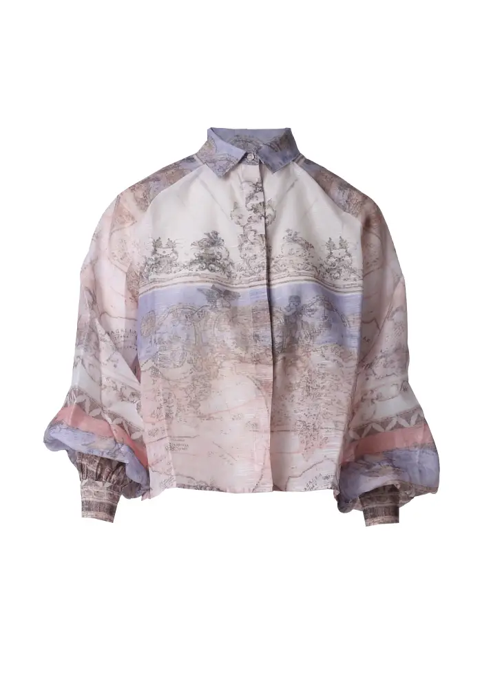 Fracomina Blusa Oversize con Stampa Artistica e Maniche a Palloncino