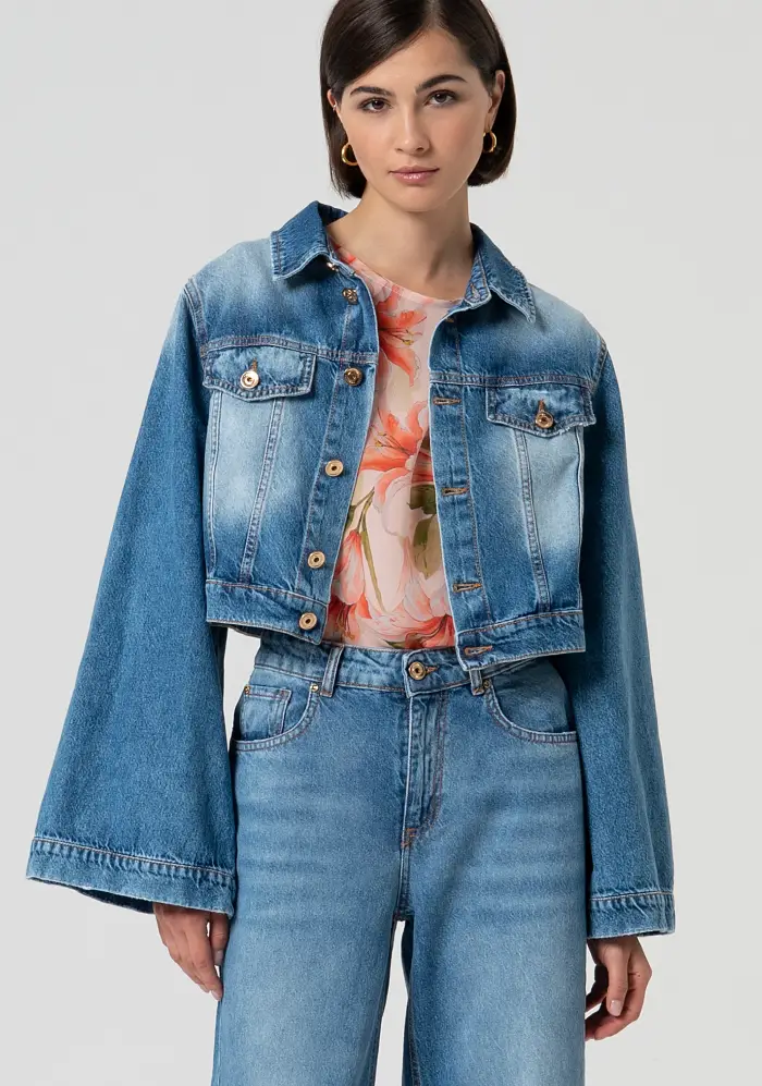 Fracomina Giacca cropped in denim con lavaggio medio
