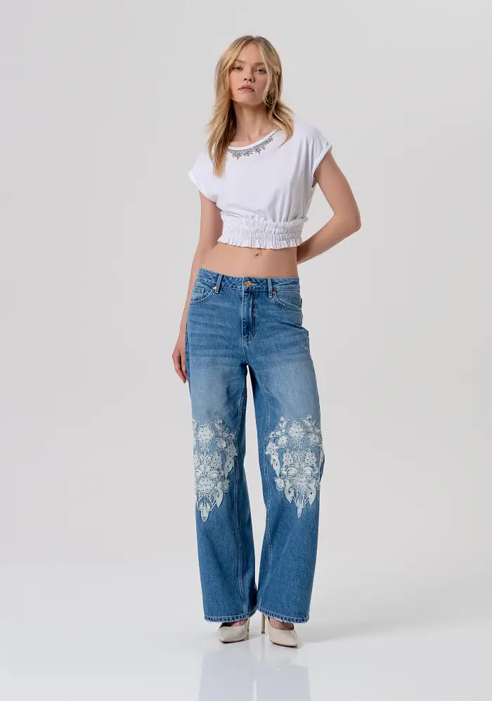Fracomina Jeans flare wide leg in denim con lavaggio medio