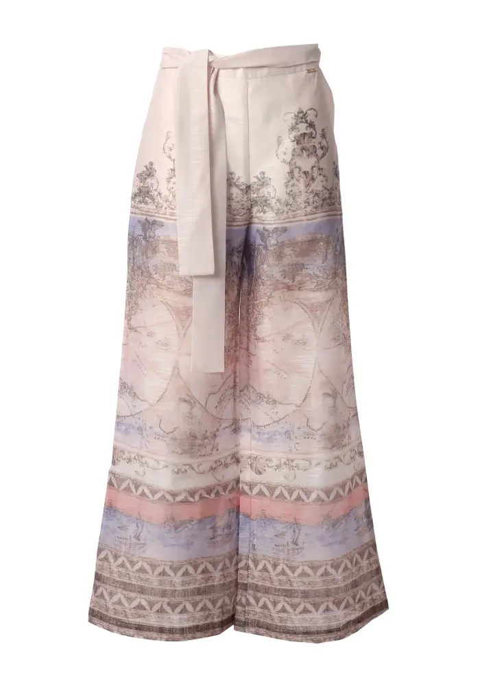 Fracomina Pantaloni Wide-Leg con Stampa Floreale e Cintura Annodabile