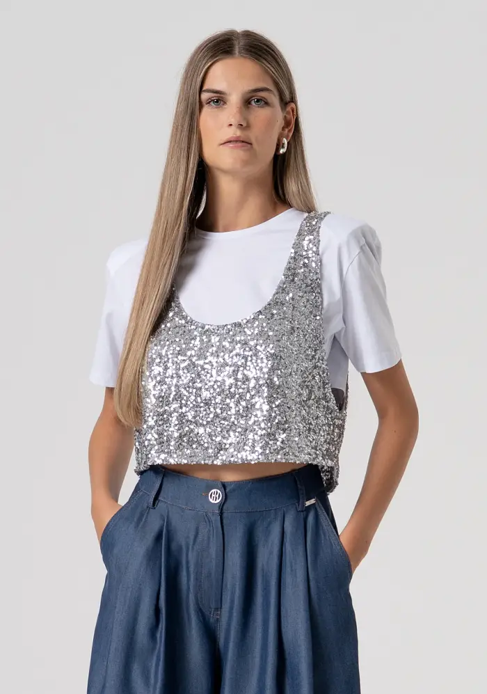 Fracomina T-shirt cropped con canotta in paillettes
