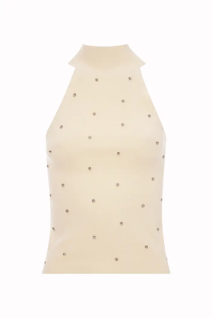 Fracomina Top Scollo all Americana in Maglia a Coste con Strass