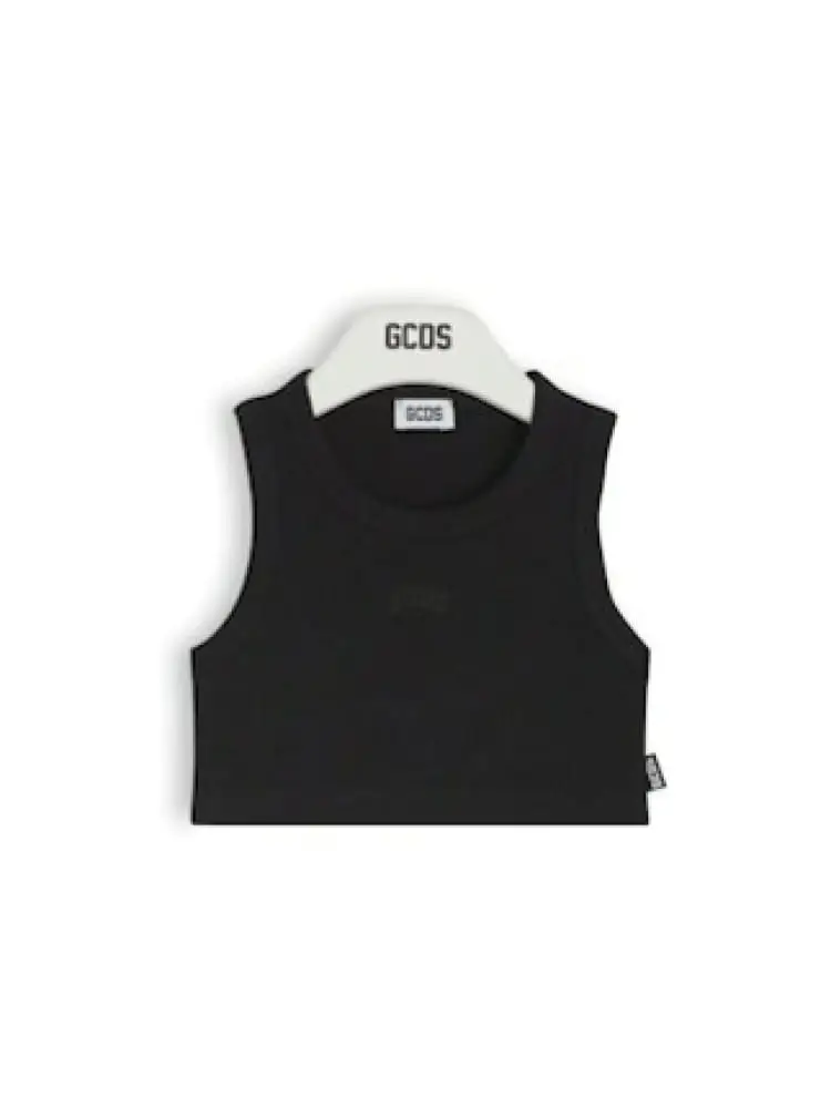 Gcds canotta junior a costine cropped nera con logo ricamato