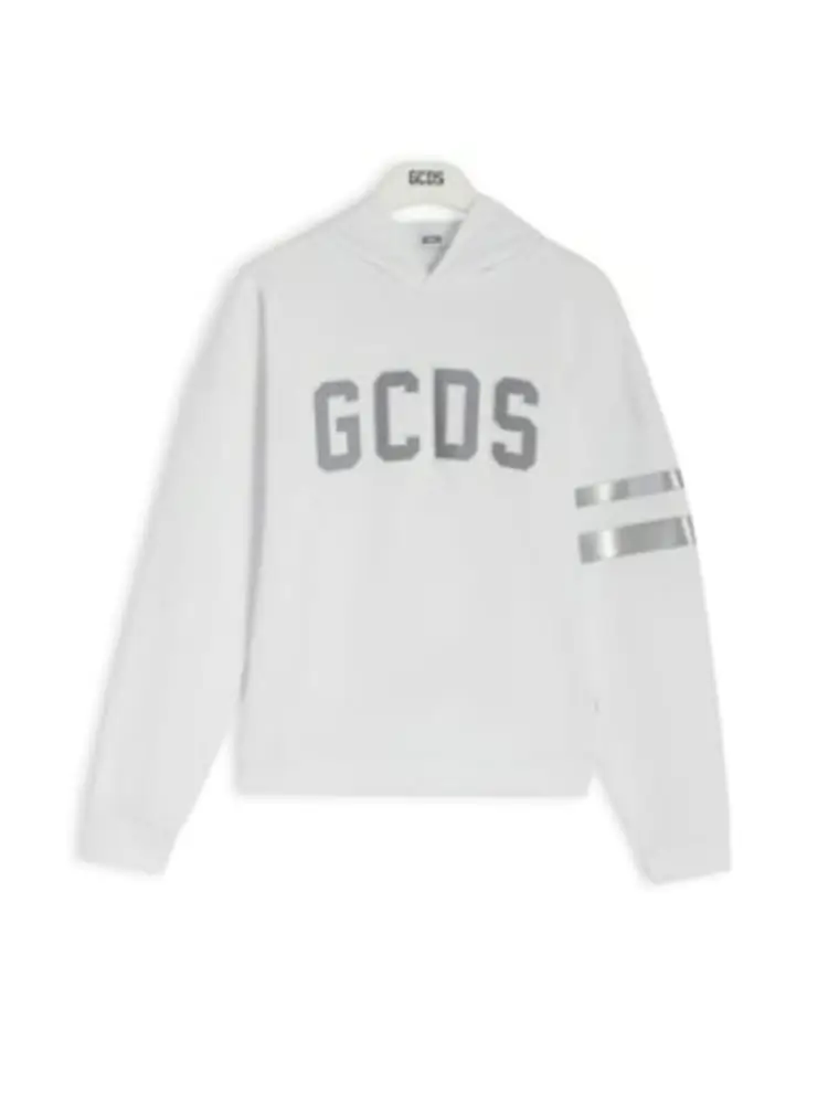 Gcds felpa con cappuccio junior in cotone bianco con stampa logo argento reflect