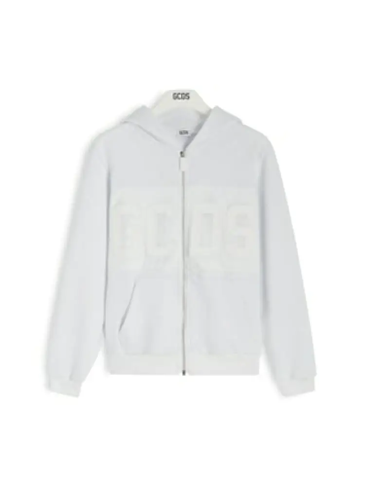 Gcds felpa full zip e cappuccio junior in cotone bianco con logo tono su tono