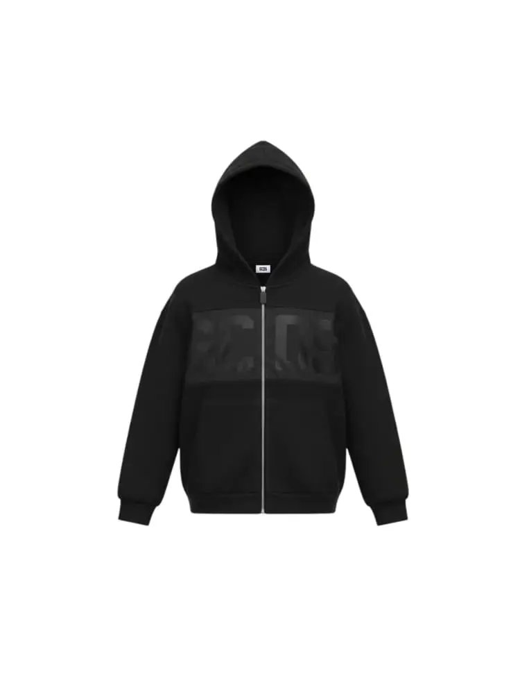Gcds felpa full zip e cappuccio junior in cotone nero con logo tono su tono