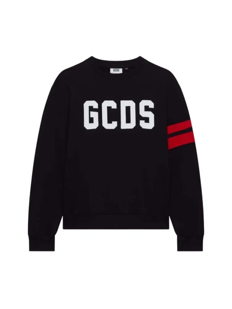 Gcds felpa junior in cotone nero con logo band bianco rosso