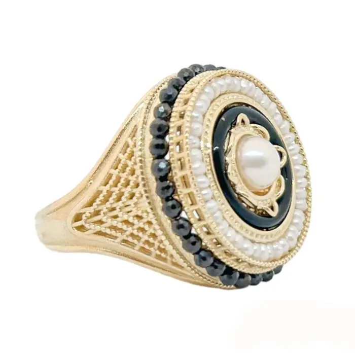 Anello In Oro 375/000 Dischetto In Agata Cubic Zirconia E Perle - Gerardo Sacco