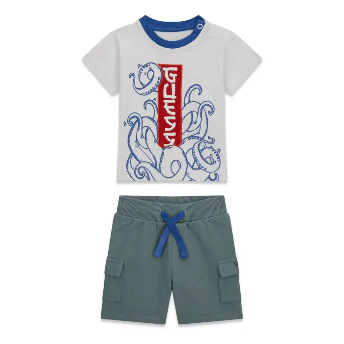 Completo t-shirt e pantaloni cargo per bambino Guess Blanc