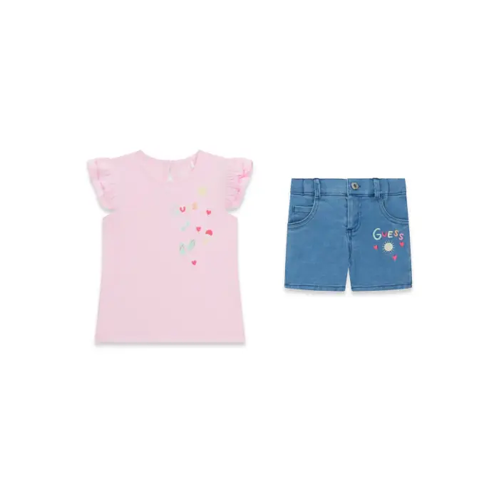 Completo t-shirt + pantaloni shorts in jeans per ragazza Guess Rose