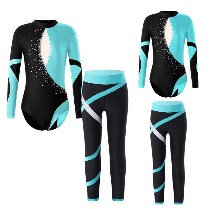 Body da ragazza a maniche lunghe in jersey Body con leggings Pantaloni lunghi SkinnyTight Abbigliamento da balletto sportivo per bambini 11-12 Years colore azzurro del lago