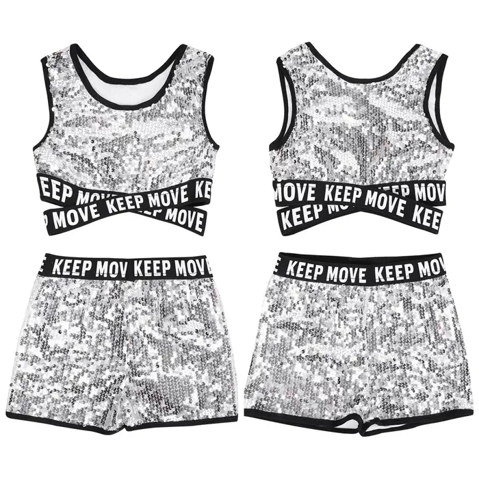 Completo da 2 pezzi per bambina e bambino, completo sportivo da ballo, spalline incrociate, top e pantaloncini, abbigliamento da ginnastica 14-16 Years argento
