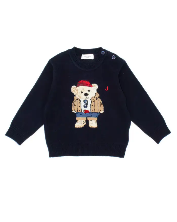 Maglia Jeckerson blu in misto lana e cotone con ricamo maxi orsetto