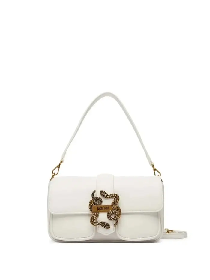 Just Cavalli borsa a spalla con tracolla in ecopelle bianca con logo serpente in metallo
