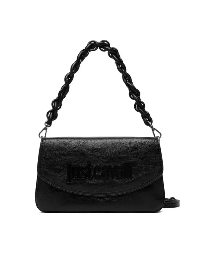 Just Cavalli borsa a spalla con tracolla in ecopelle nera con logo in metallo
