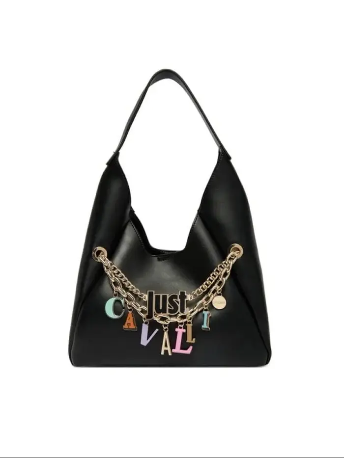 Just Cavalli borsa a spalla in ecopelle nera con charm logo