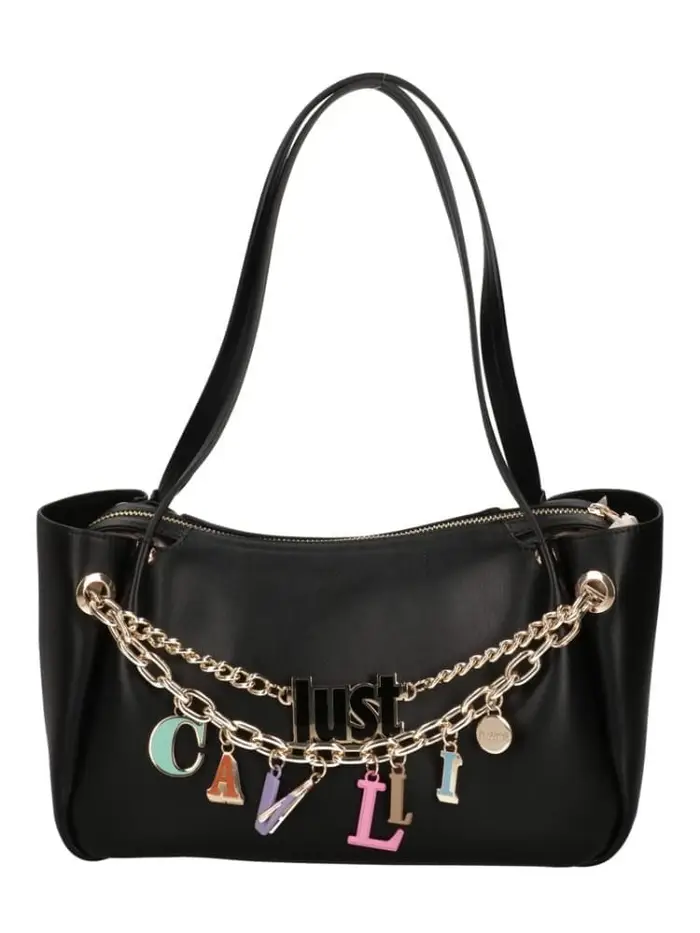 Just Cavalli borsa a spalla in ecopelle nera con logo charm