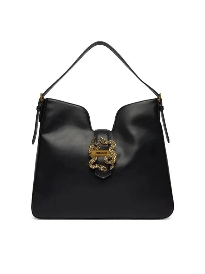 Just Cavalli borsa a spalla in ecopelle nera con logo serpente in metallo