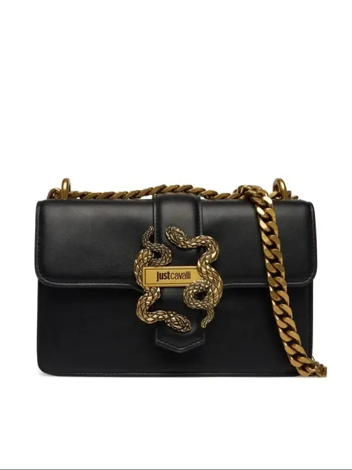 Just Cavalli borsa atracolla in ecopelle nera con logo serpente in metallo