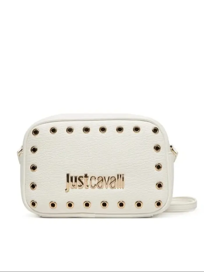 Just Cavalli borsa camera bag in ecopelle bianca con borchie e logo