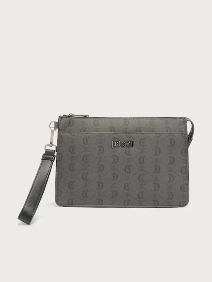 Just Cavalli pochette in tessuto con logo all over grigio scuro