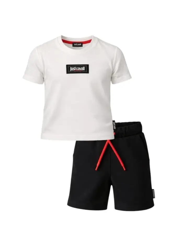 Just Cavalli set t-shirt e bermuda badham infant/kids in cotone bianco e nero con stampa logo sul retro