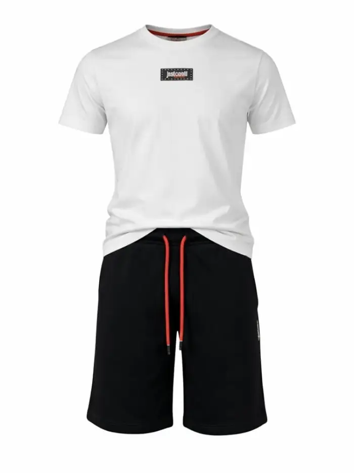 Just Cavalli set t-shirt e bermuda pudur junior in cotone bianco e nero con stampa logo sul retro