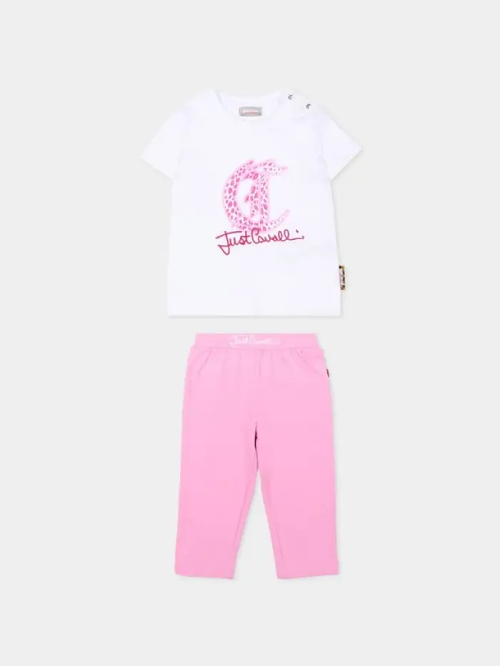 Just Cavalli set t-shirt e leggings infant/kids in cotone bianco e rosa