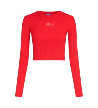 Karl Lagerfeld per donna A3W18025 Maglietta a coste rossa, Rosso, Casual, Cotone, Manica corta