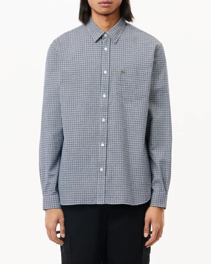 Camicia a quadretti bianca e blu in flanella di cotone con taschino