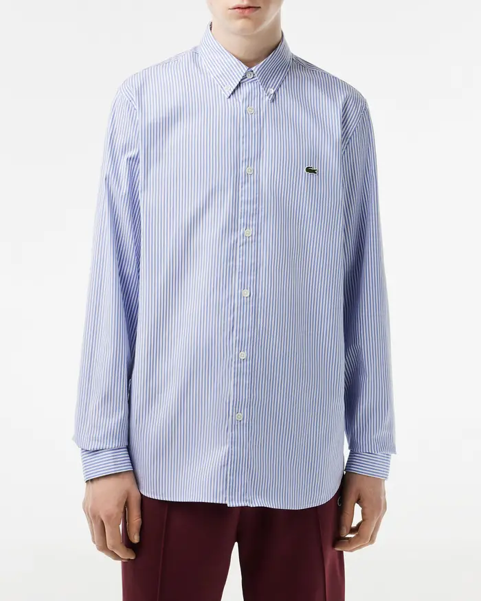 Camicia a righe bianche e azzurre in popeline di cotone con collo button down