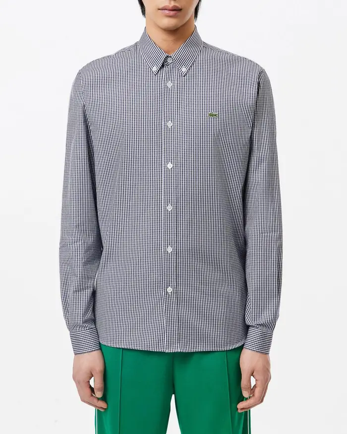 Camicia vichy bianca e blu in popeline di cotone con collo button down