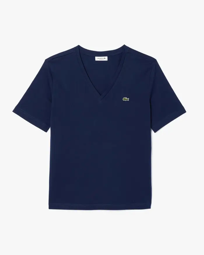 T-shirt boxy Lacoste blu con scollo a V in cotone con coccodrillo verde ricamato sul petto